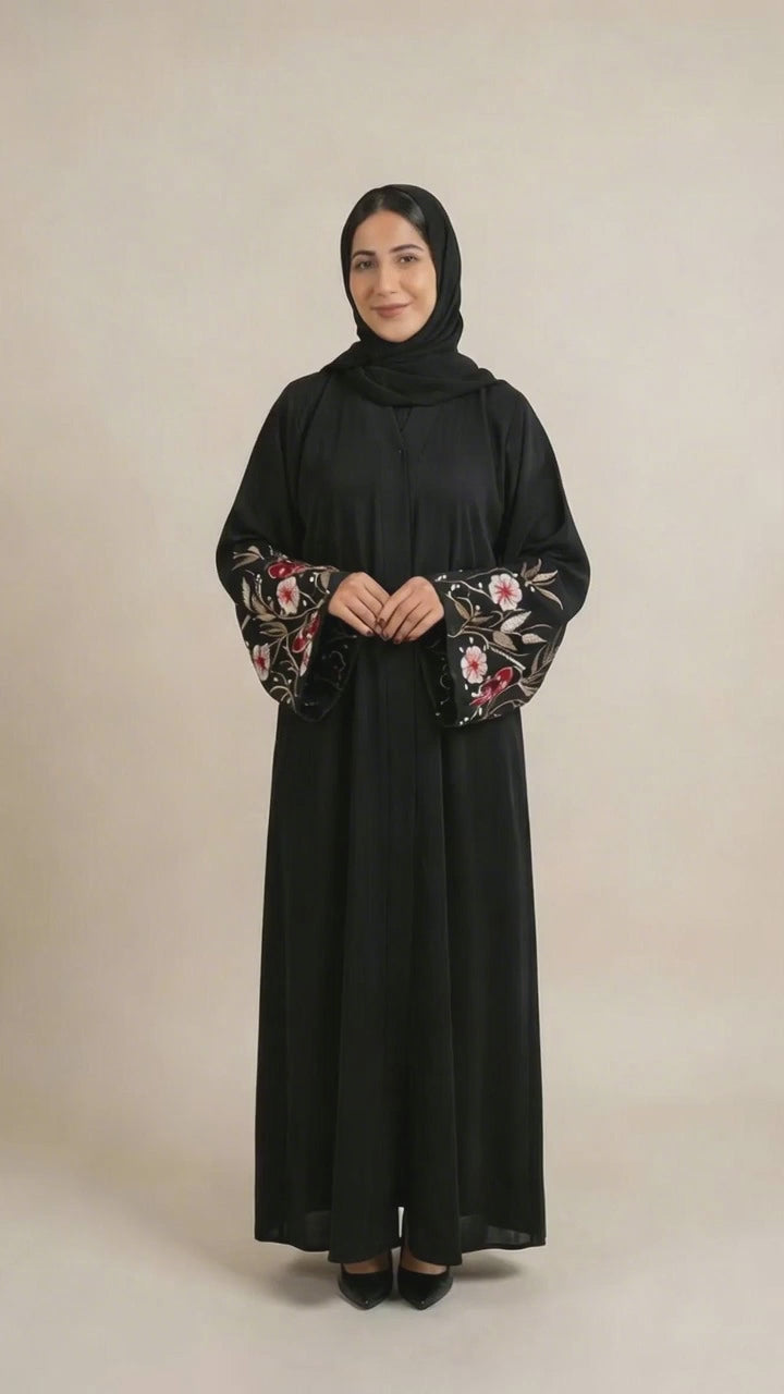 Black Floral Embroidered Abaya with Inner