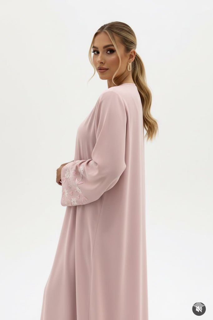 Soft Blush Pink Crystal Hand Work Abaya Set - Abaya Elegance