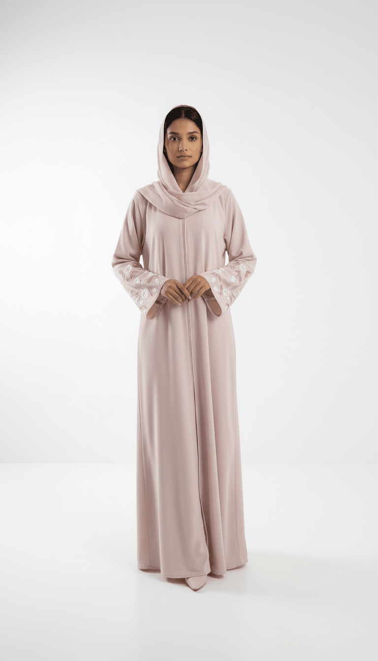 Soft Blush Pink Floral Embroidered Sleeve Abaya - Abaya Elegance