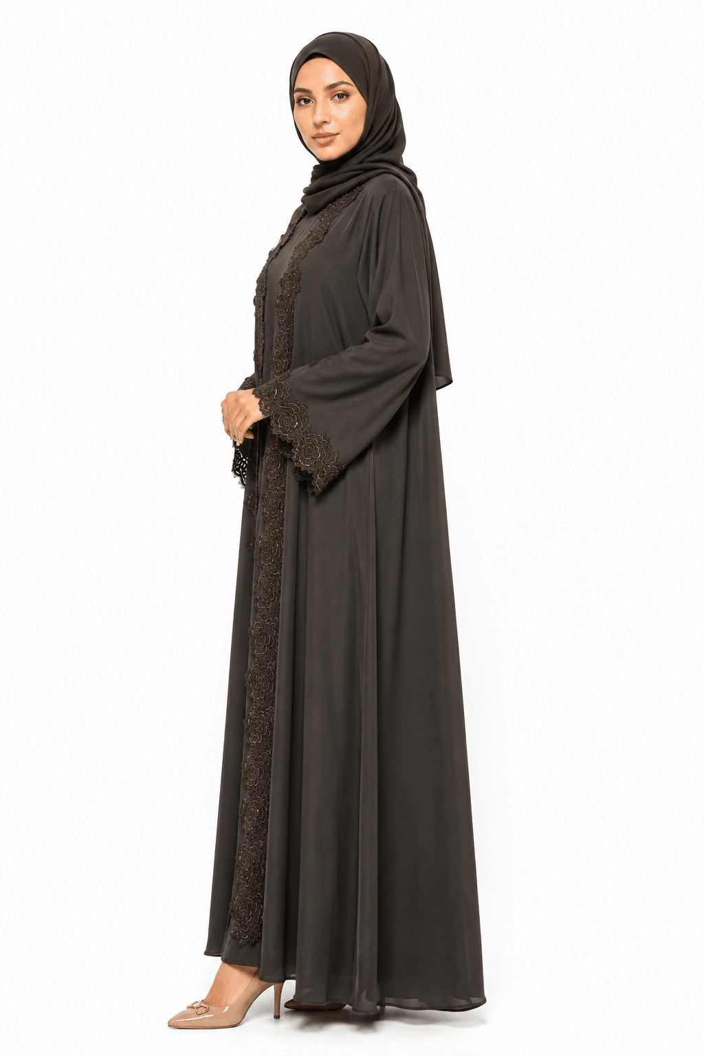 Women’s Luxury Espresso Brown Floral Lace Open Front Abaya with Matching Hijab - Abaya Elegance