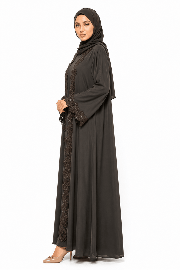 Women’s Luxury Espresso Brown Floral Lace Open Front Abaya with Matching Hijab - Abaya Elegance