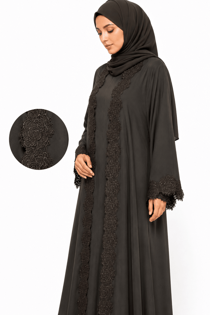Women’s Luxury Espresso Brown Floral Lace Open Front Abaya with Matching Hijab - Abaya Elegance