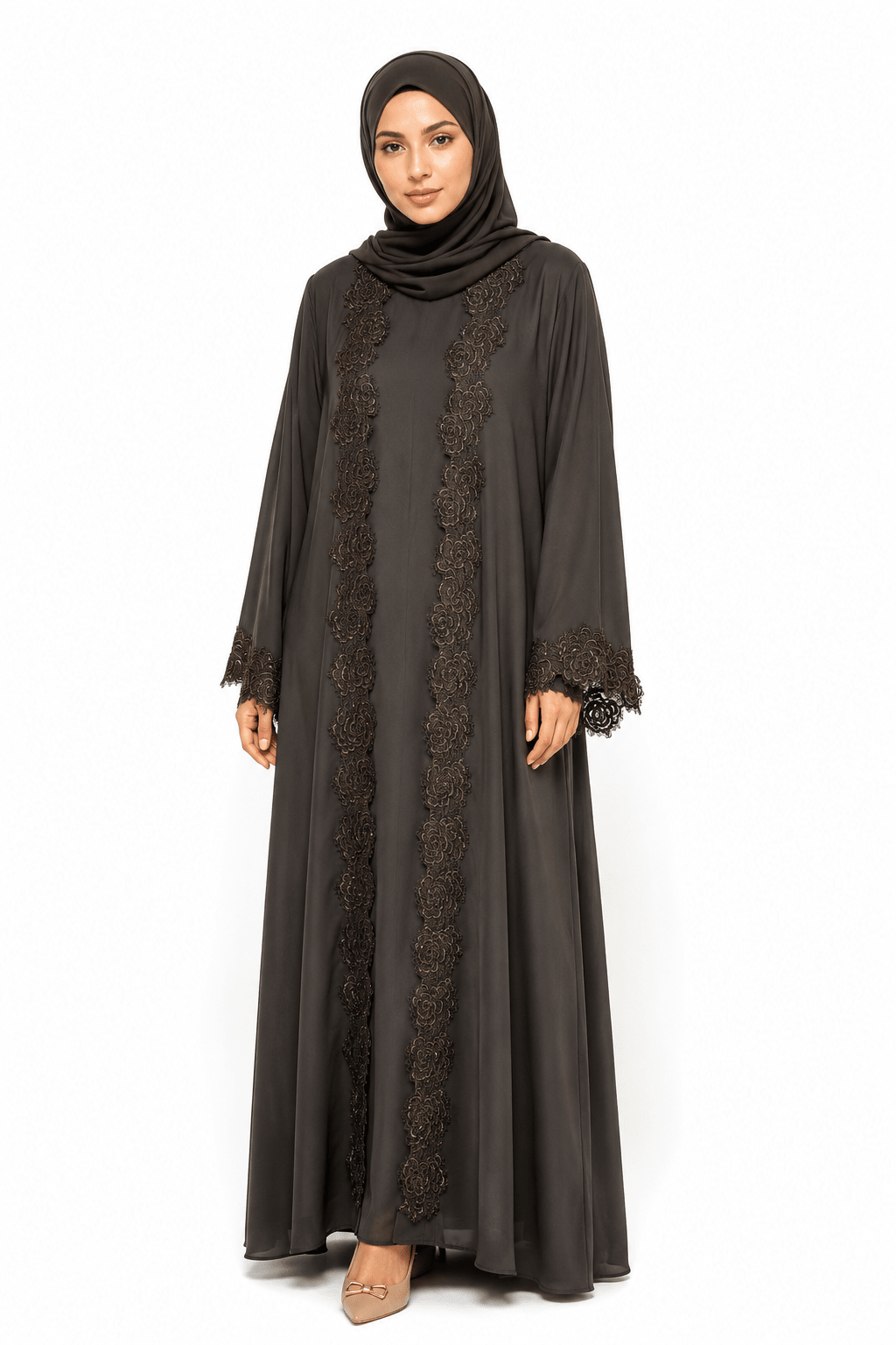 Women’s Luxury Espresso Brown Floral Lace Open Front Abaya with Matching Hijab - Abaya Elegance