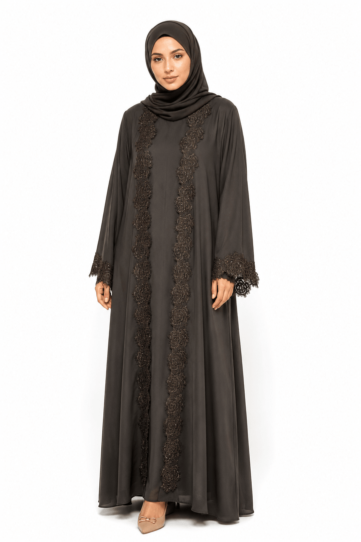 Women’s Luxury Espresso Brown Floral Lace Open Front Abaya with Matching Hijab - Abaya Elegance