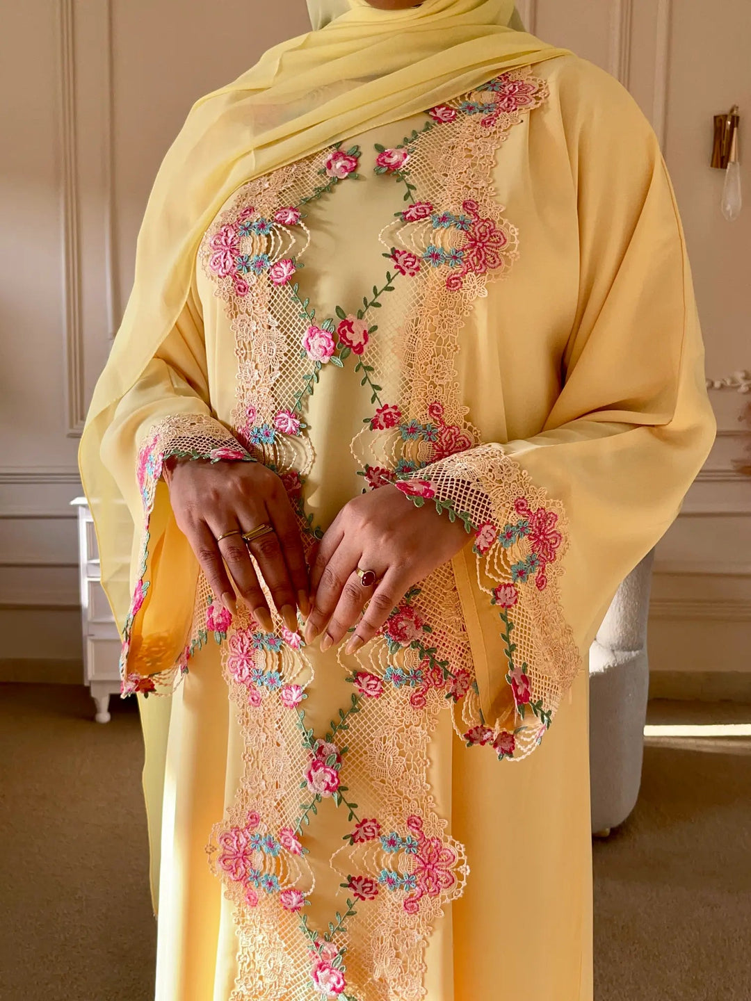 Yellow Embroidered Abaya with Floral Lace Detailing - Abaya Elegance