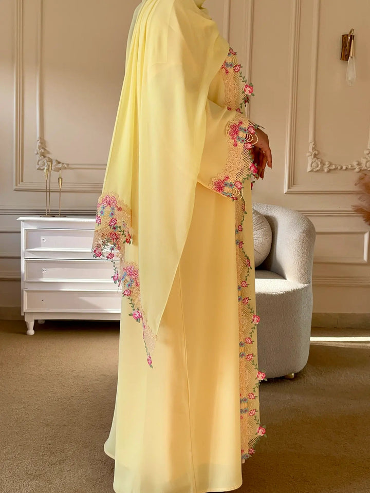 Yellow Embroidered Abaya with Floral Lace Detailing - Abaya Elegance