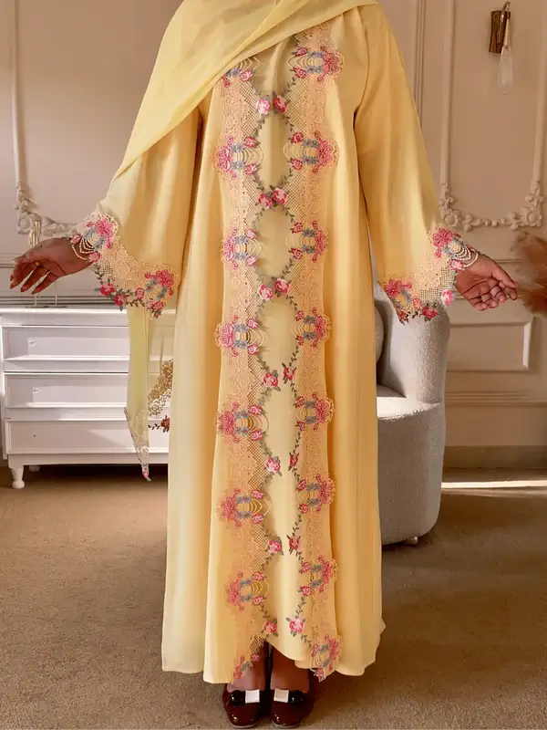 Yellow Embroidered Abaya with Floral Lace Detailing - Abaya Elegance