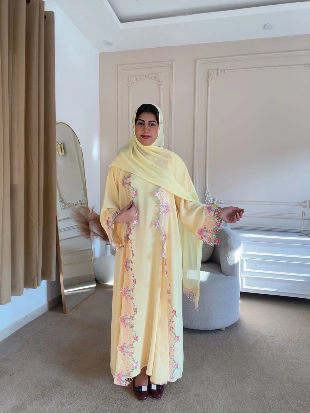 Yellow Embroidered Abaya with Floral Lace Detailing - Abaya Elegance