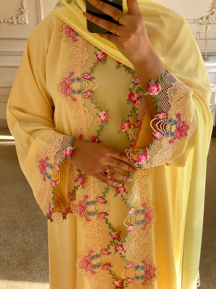 Yellow Embroidered Abaya with Floral Lace Detailing - Abaya Elegance