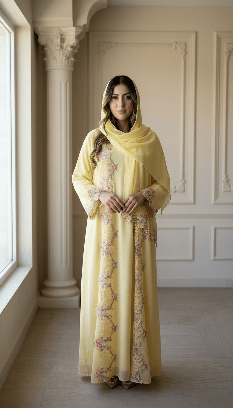 Yellow Embroidered Abaya with Floral Lace Detailing - Abaya Elegance