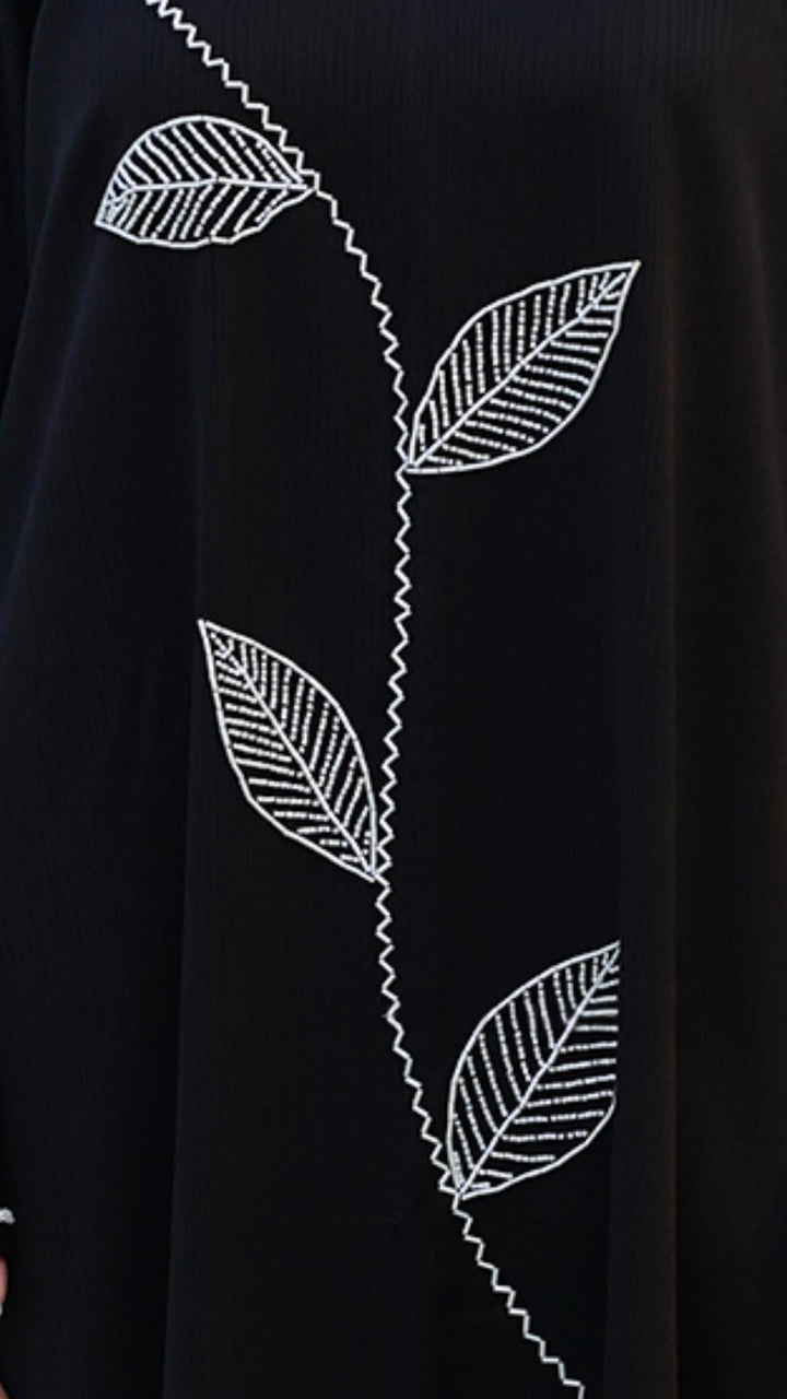 Zoom Abaya with White Crystal Hand Work on the Front and sleeves in Black - Abaya Elegance