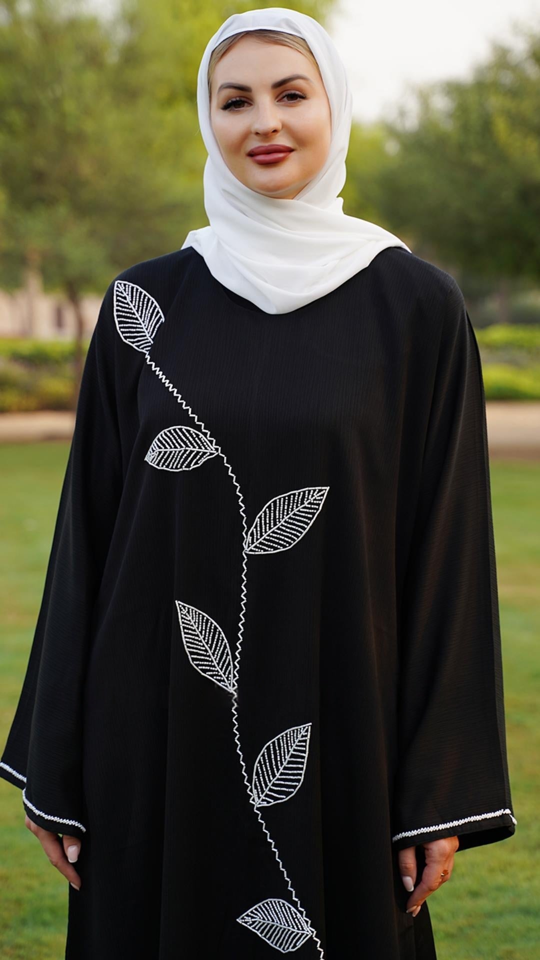 Zoom Abaya with White Crystal Hand Work on the Front and sleeves in Black - Abaya Elegance