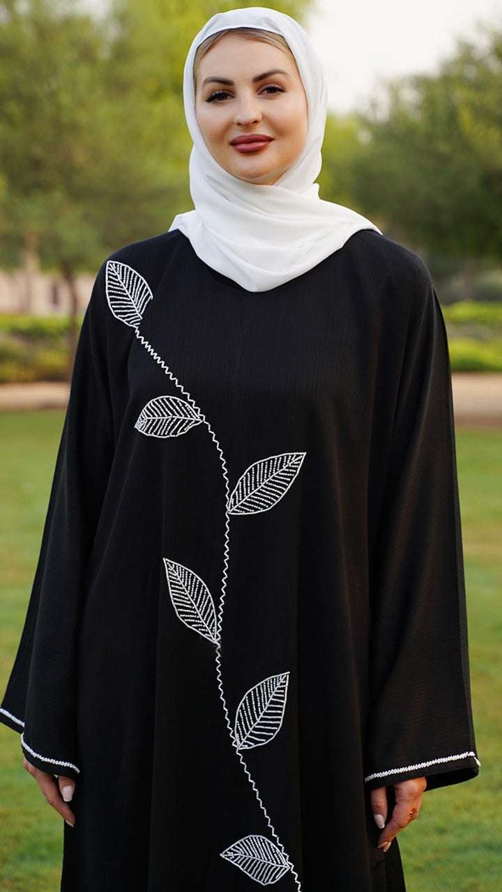 Zoom Abaya with White Crystal Hand Work on the Front and sleeves in Black - Abaya Elegance