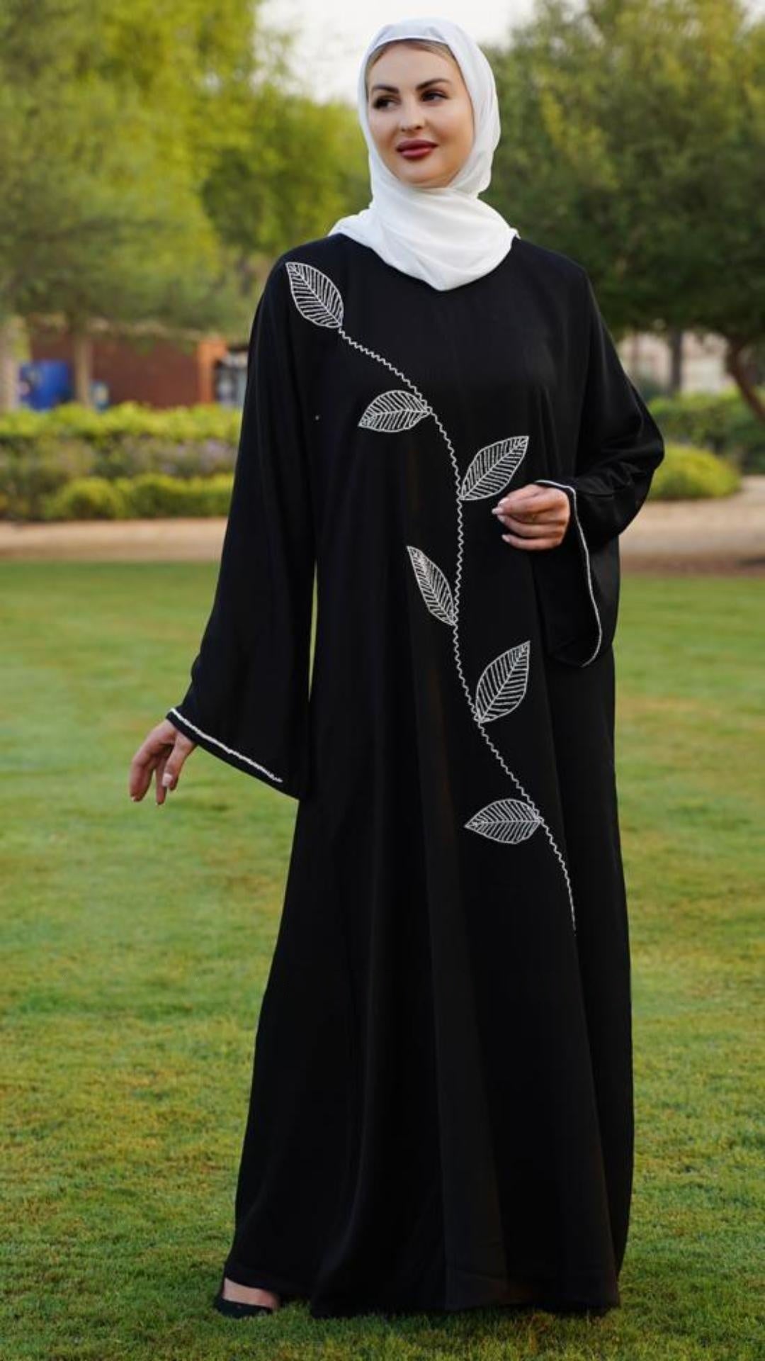 Zoom Abaya with White Crystal Hand Work on the Front and sleeves in Black - Abaya Elegance