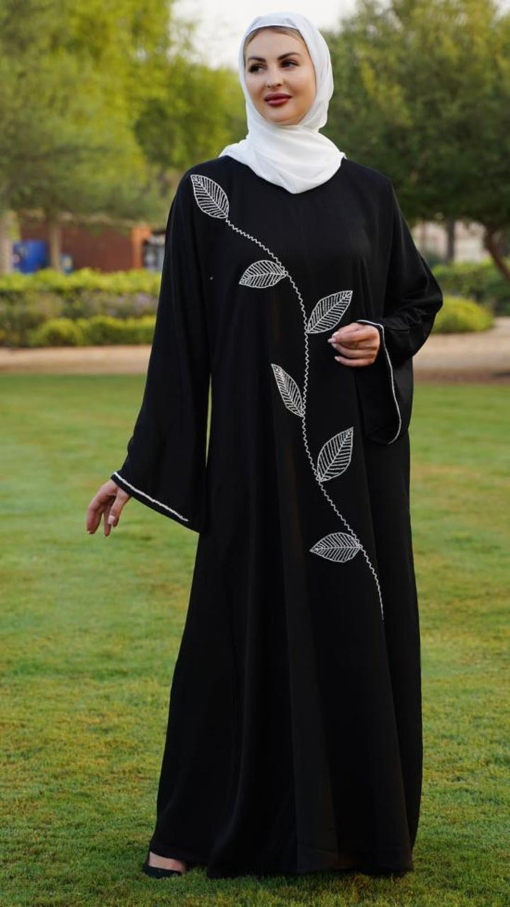 Zoom Abaya with White Crystal Hand Work on the Front and sleeves in Black - Abaya Elegance