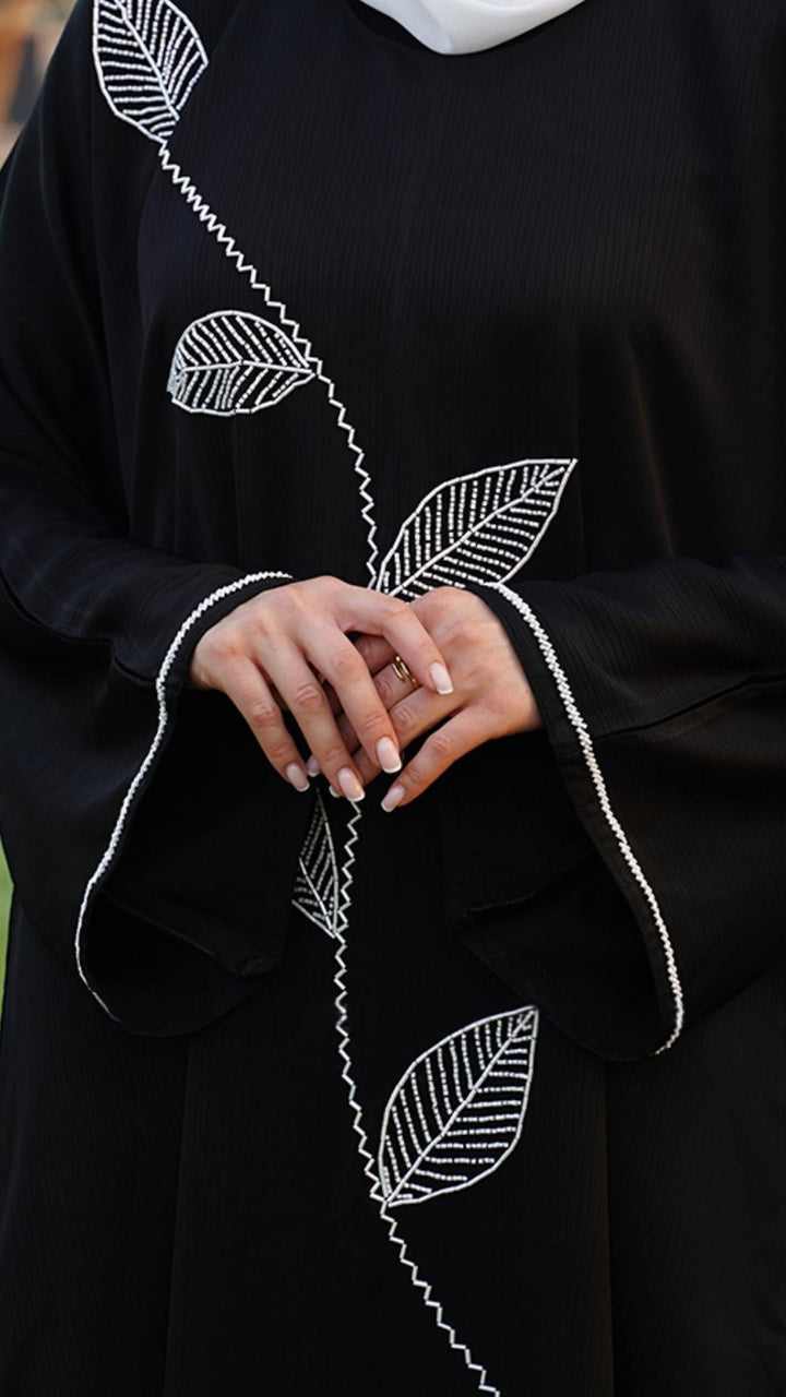 Zoom Abaya with White Crystal Hand Work on the Front and sleeves in Black - Abaya Elegance