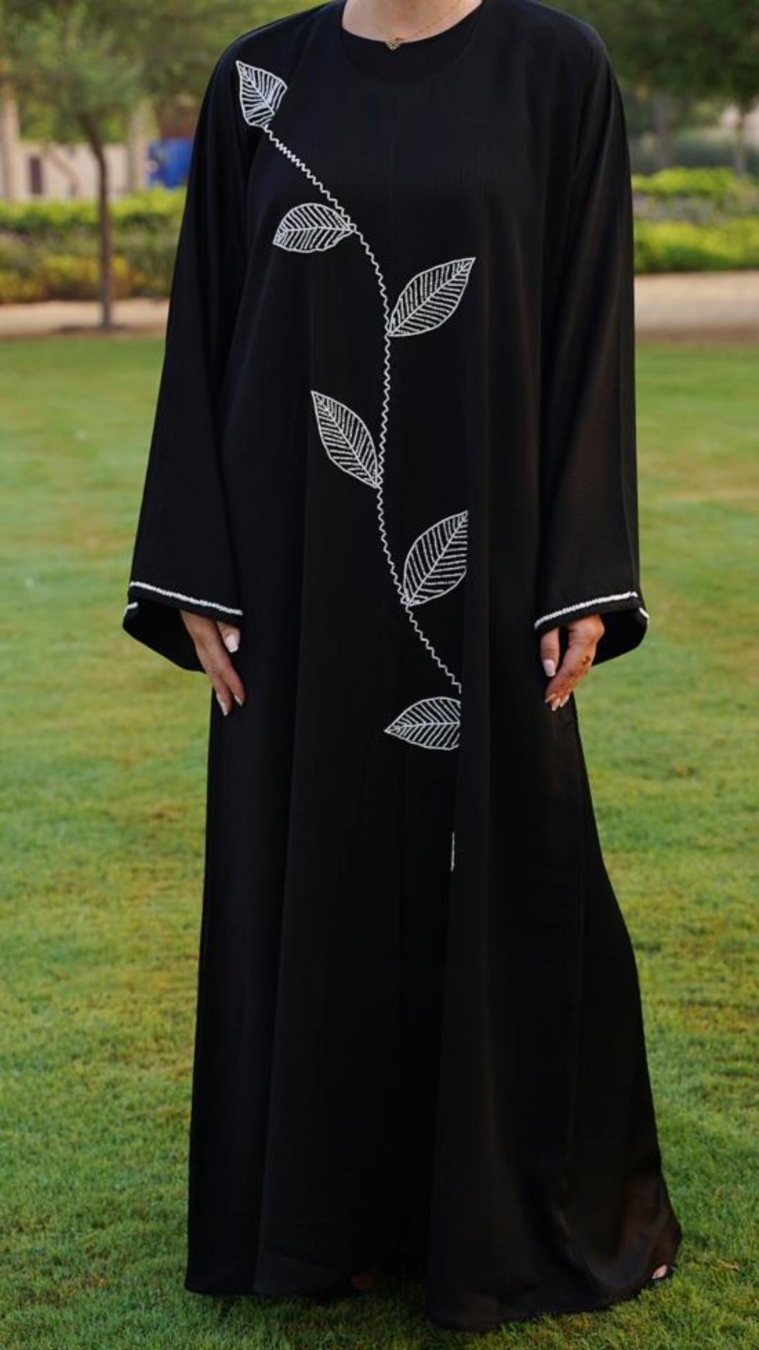 Zoom Abaya with White Crystal Hand Work on the Front and sleeves in Black - Abaya Elegance