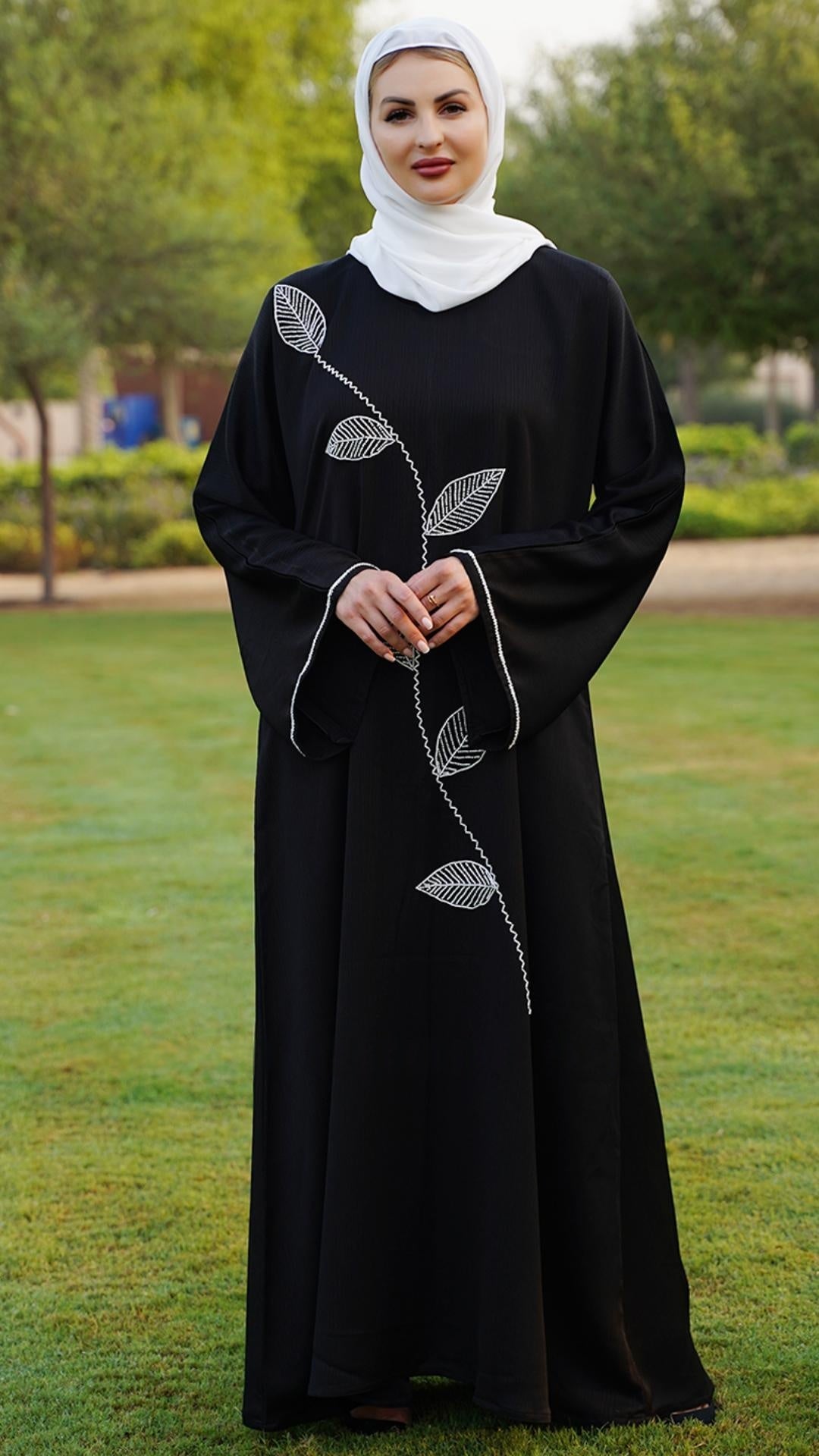 Zoom Abaya with White Crystal Hand Work on the Front and sleeves in Black - Abaya Elegance