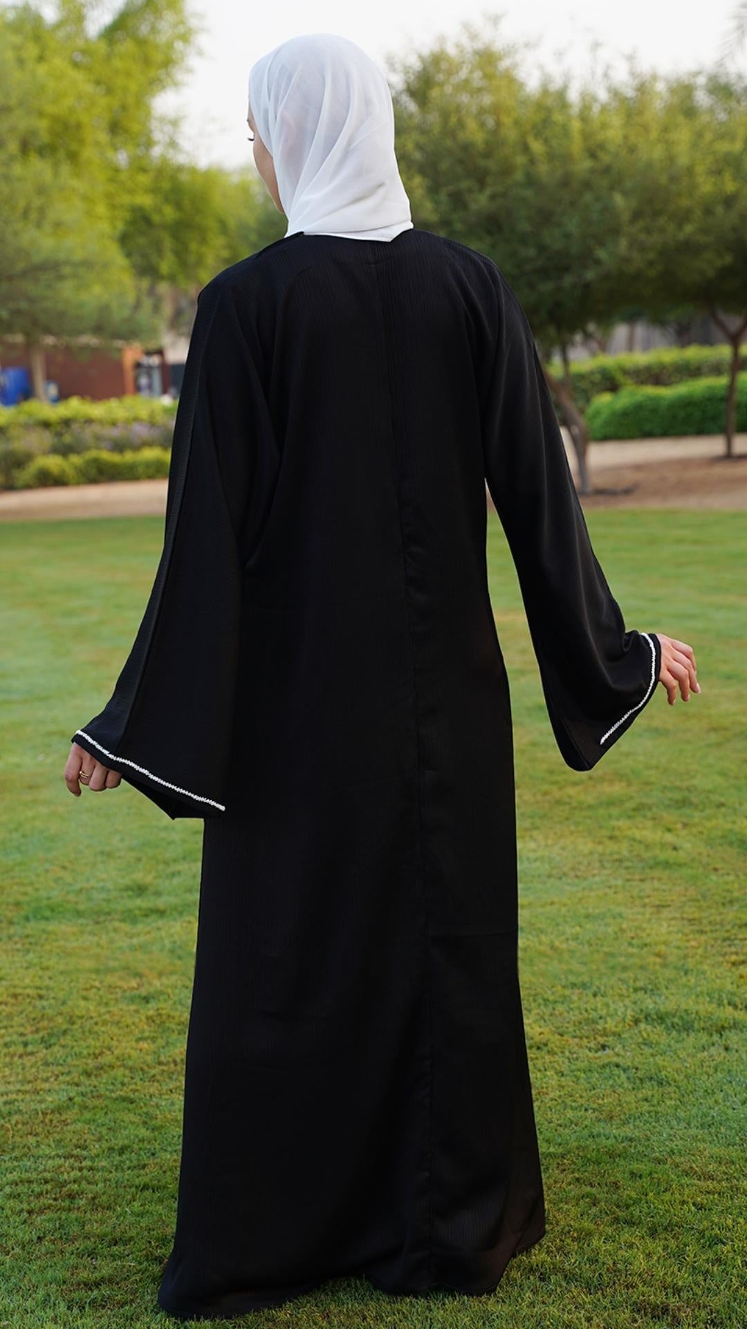 Zoom Abaya with White Crystal Hand Work on the Front and sleeves in Black - Abaya Elegance